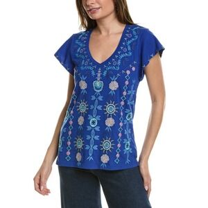 Johnny Was Embroidered Oriel Flutter Sleeve Top Women's Large Blue Cotton V-Neck